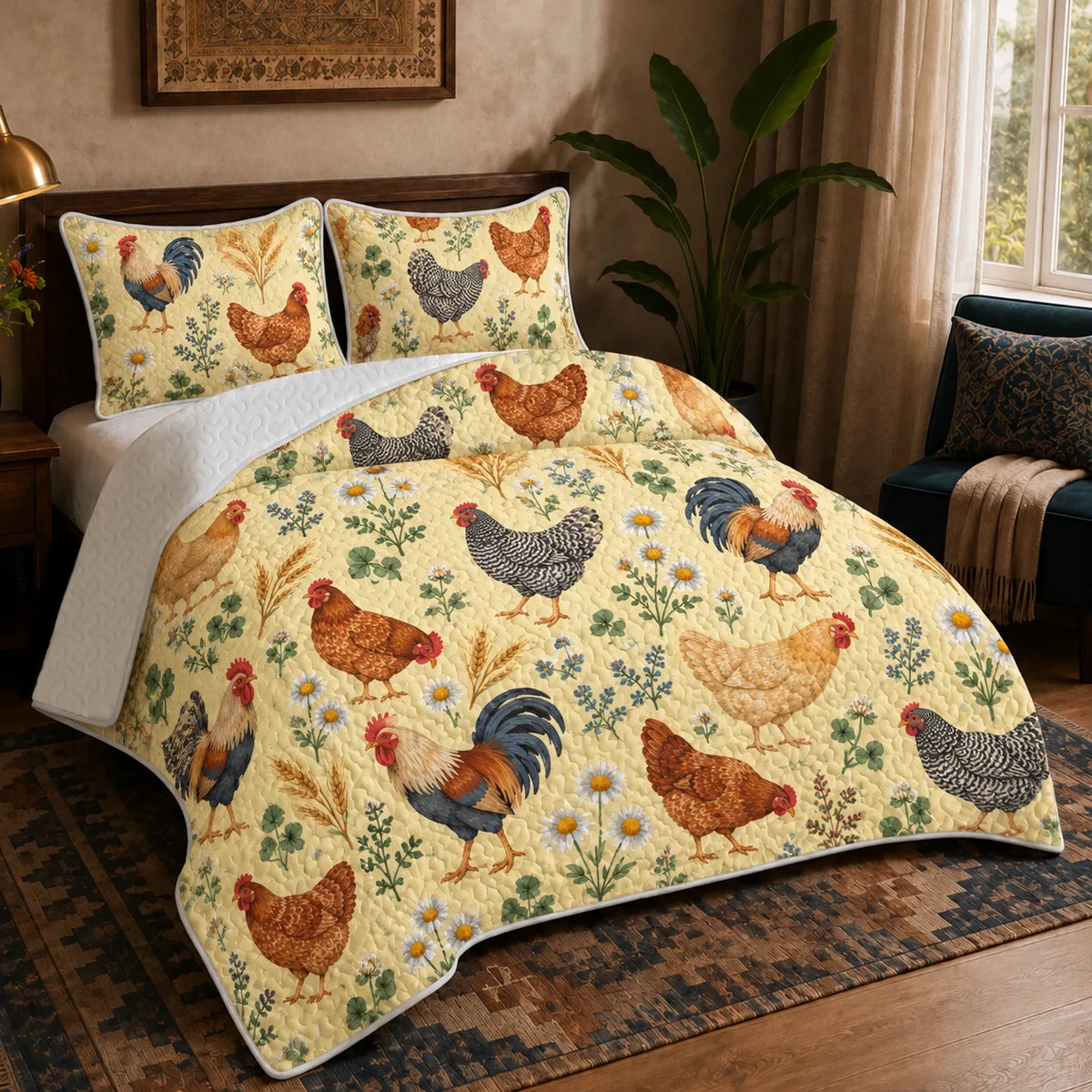 Tiny Ditsy Chicken quilt set — small roosters and hens with daisies and blue flowers on butter yellow