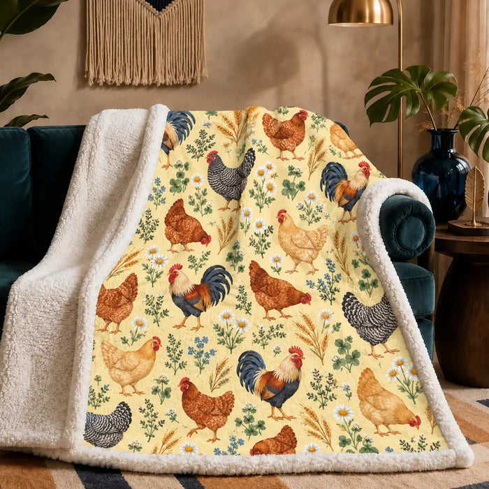 Tiny Ditsy Chicken sherpa blanket — small roosters and hens with daisies and blue flowers on butter yellow