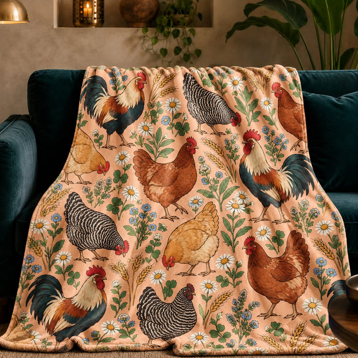 Whimsical Contour Chicken fleece throw blanket — outlined storybook roosters and hens with daisies and blue flowers on peach