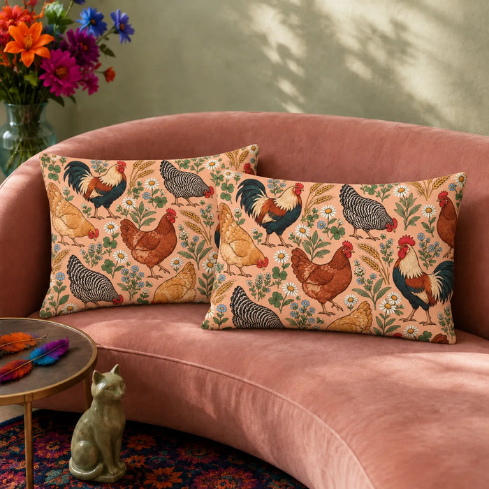 Whimsical Contour Chicken pillowcase set — outlined storybook roosters and hens with daisies and blue flowers on peach