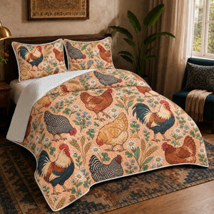 Whimsical Contour Chicken quilt set — outlined storybook roosters and hens with daisies and blue flowers on peach