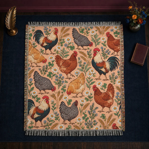 Whimsical Contour Chicken woven throw blanket — outlined storybook roosters and hens with daisies and blue flowers on peach