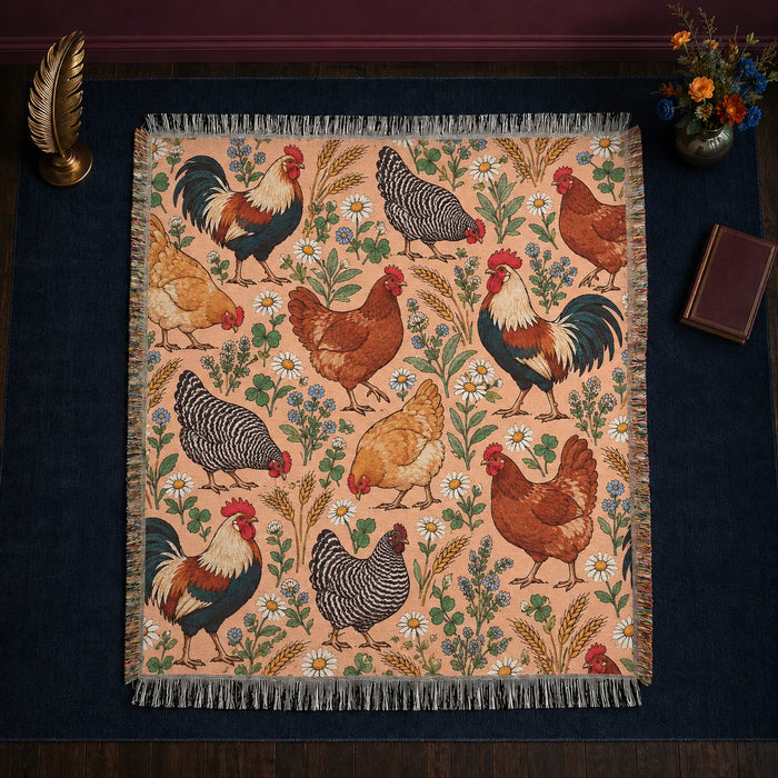 Whimsical Contour Chicken woven throw blanket — outlined storybook roosters and hens with daisies and blue flowers on peach