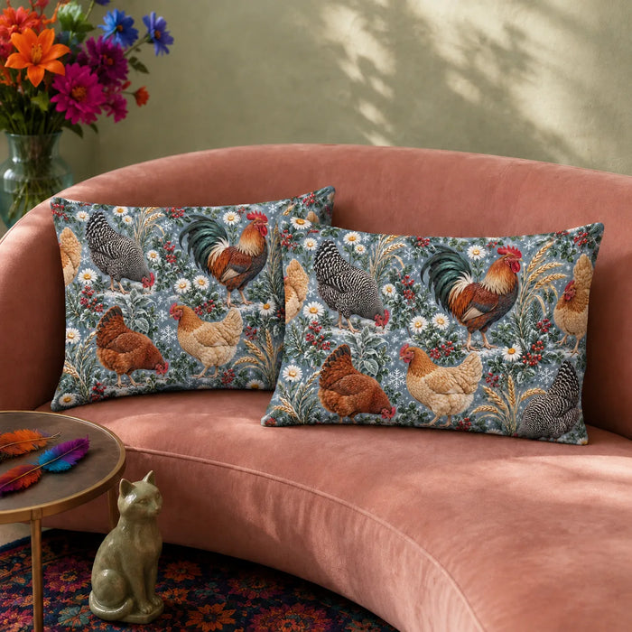 Winter Garden Chicken pillowcase set — roosters and hens with red berries, daisies and snowflakes on slate blue