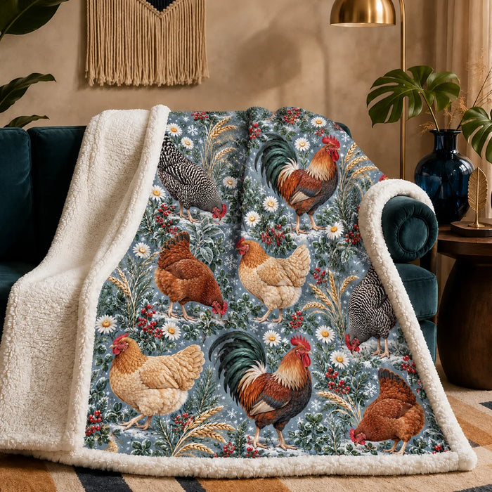 Winter Garden Chicken sherpa blanket — roosters and hens with red berries, daisies and snowflakes on slate blue