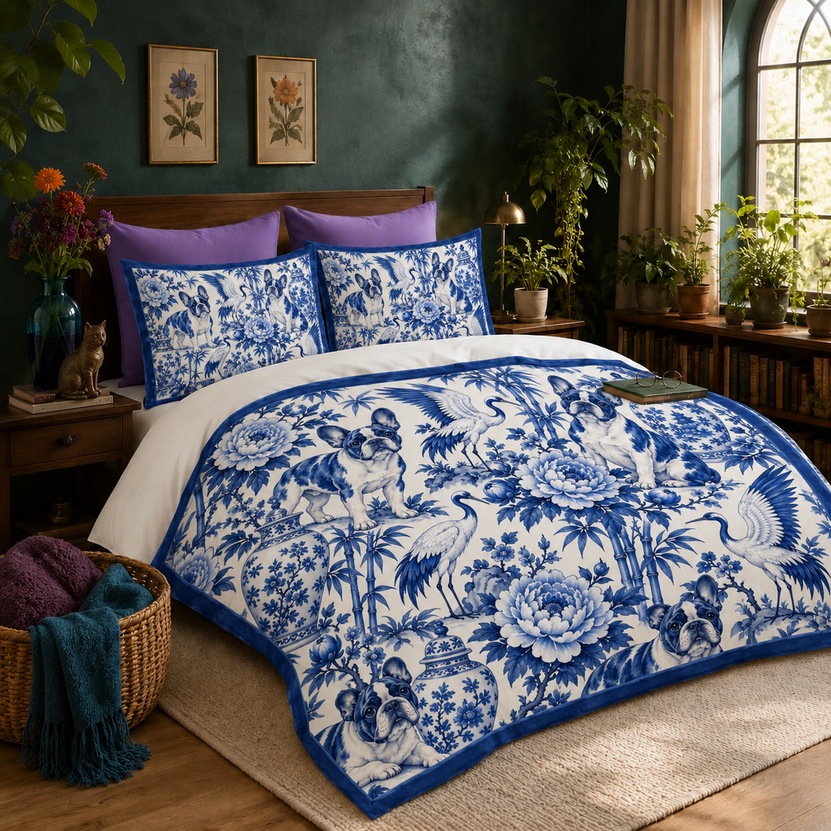 Chinoiserie French Bulldog Duvet Cover Set - cobalt blue Frenchies, peonies, cranes and ginger jars on cream with two matching shams