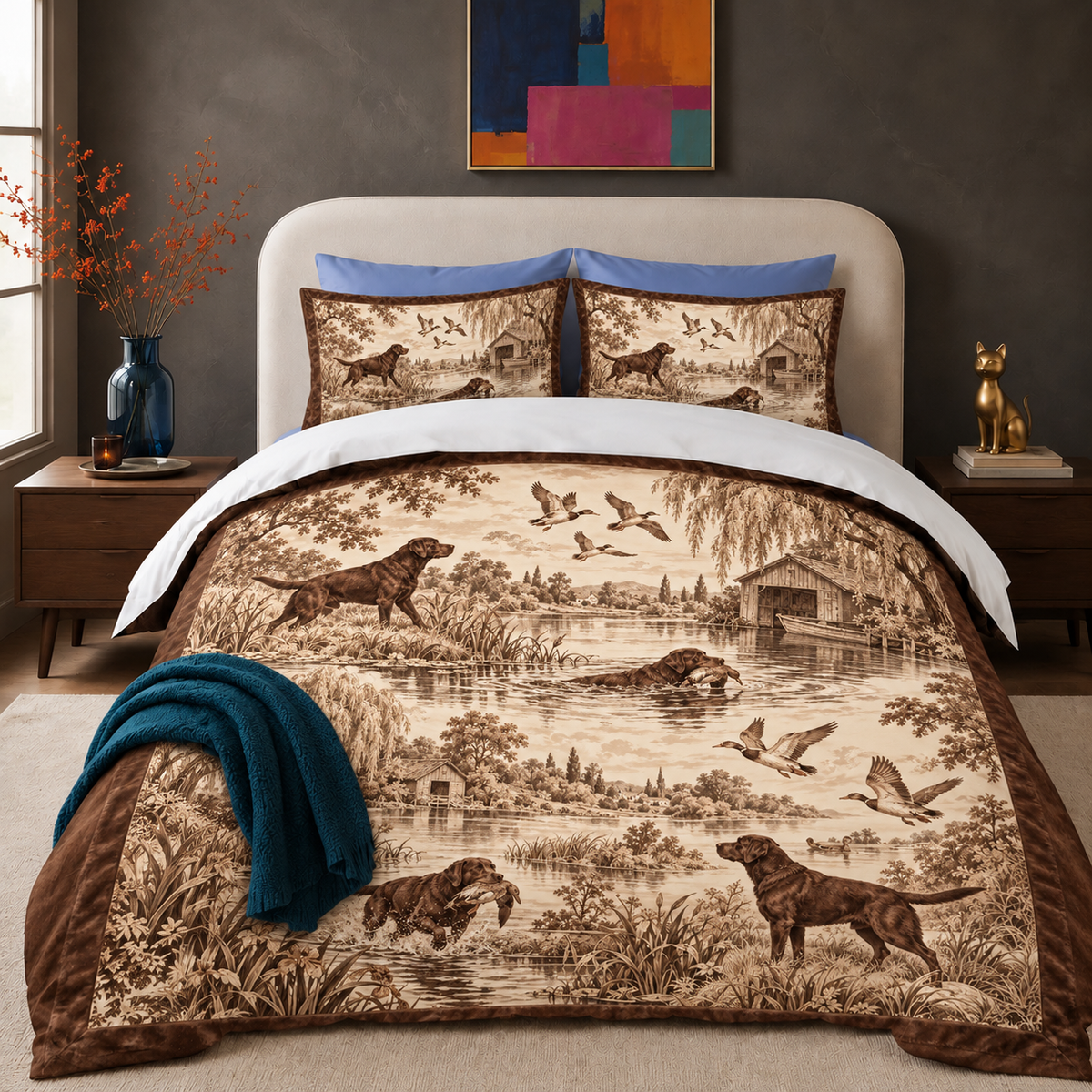 Chocolate Labrador Toile comforter set in chocolate-brown toile on cream, with two matching shams