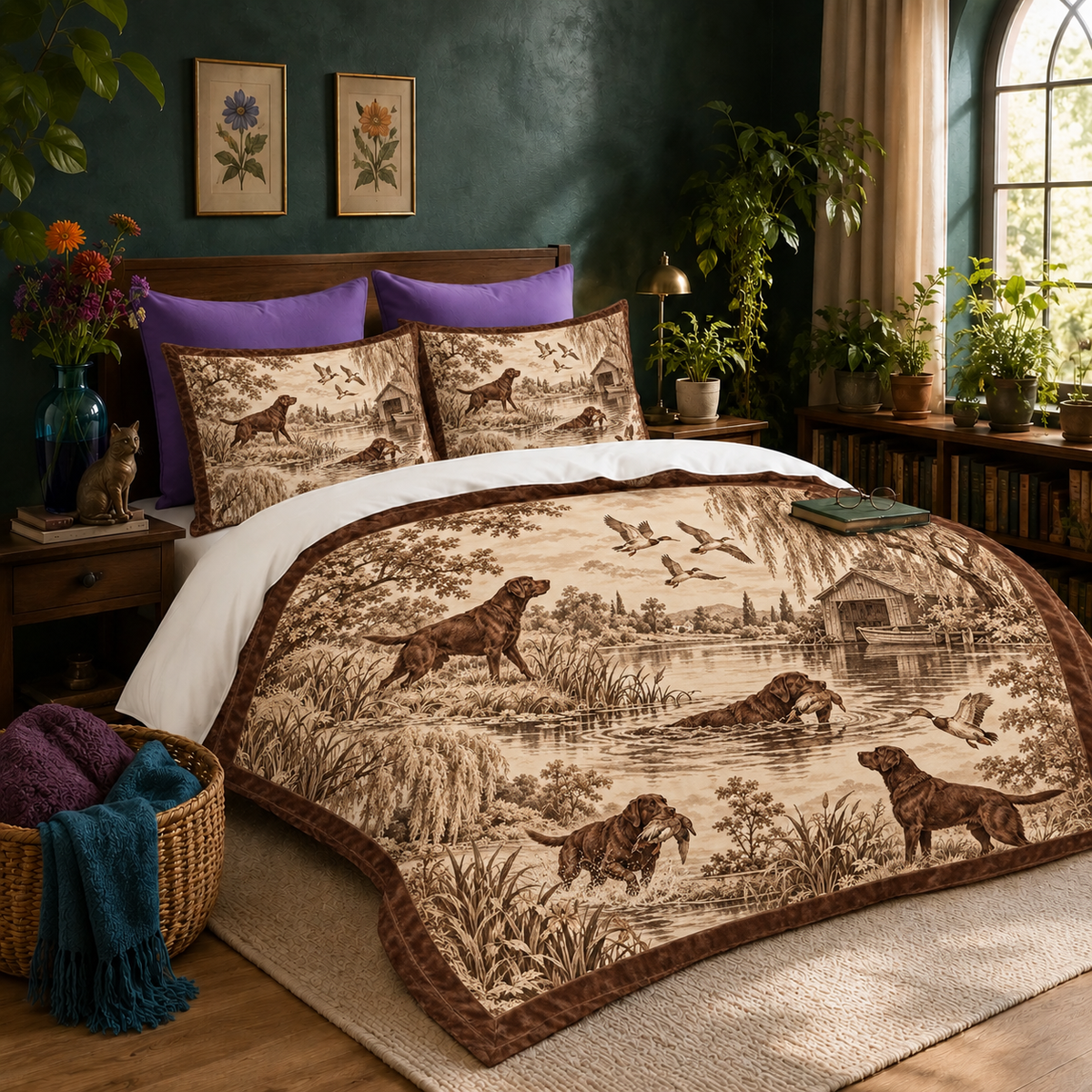 Chocolate Labrador Toile duvet cover set in chocolate-brown toile on cream, with two matching shams