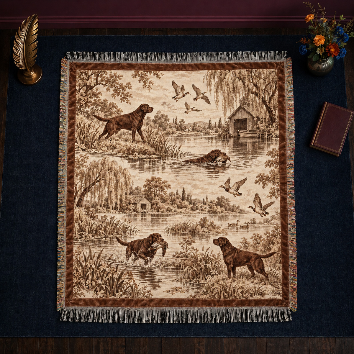 Chocolate Labrador Toile jacquard-woven throw blanket with knotted fringe on all four sides