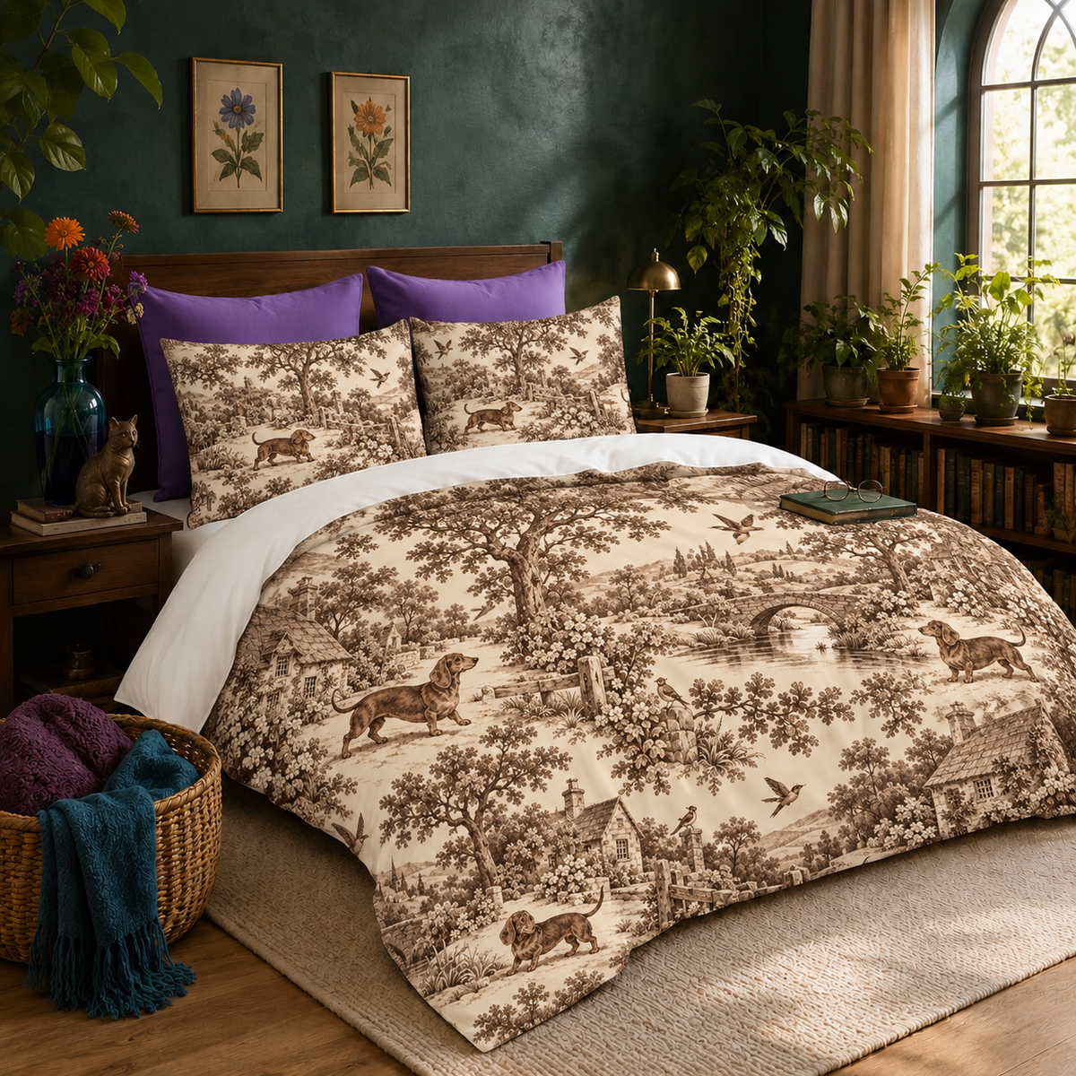 Dachshund Toile de Jouy duvet cover set — brown-on-cream toile print of smooth-coat dachshunds in an English pastoral scene