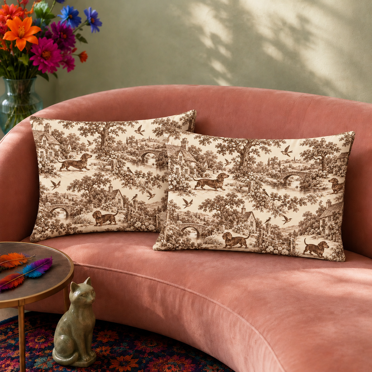 Dachshund Toile de Jouy pillowcase set — brown-on-cream toile print of smooth-coat dachshunds in an English pastoral scene