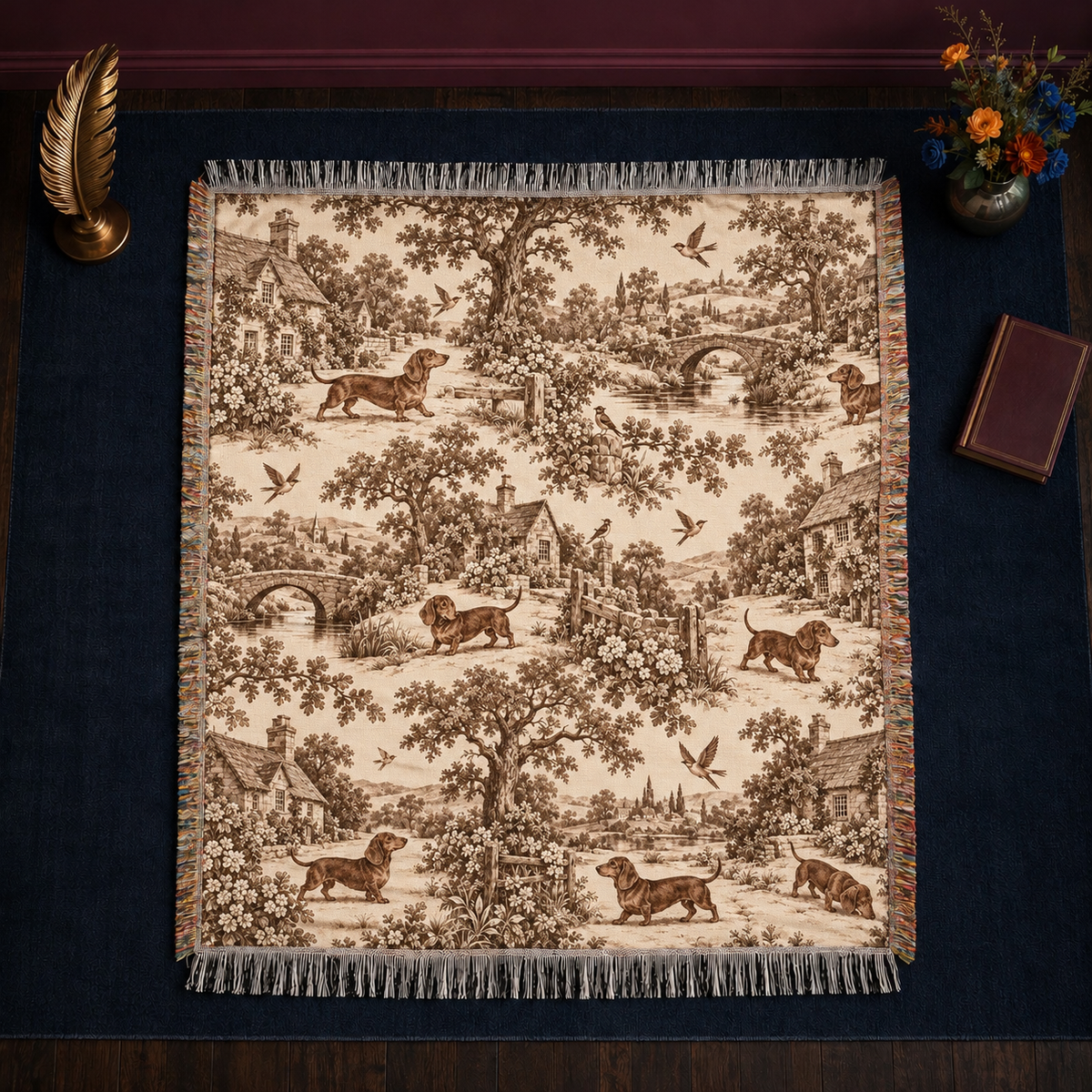 Dachshund Toile de Jouy woven throw blanket — brown-and-cream jacquard toile of smooth-coat dachshunds in an English pastoral scene