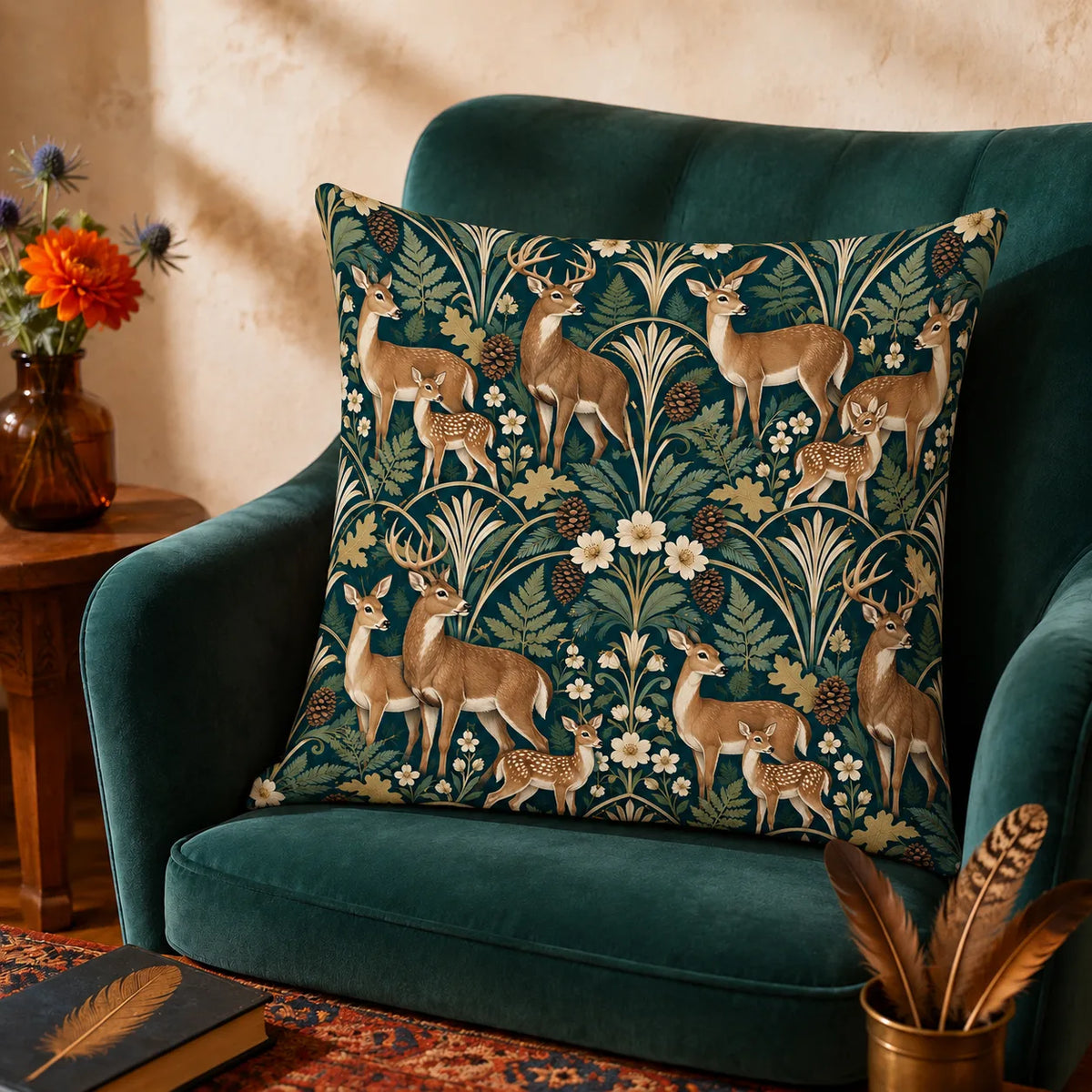 Art Deco Deer cushion cover set — tan deer families beneath cream fan motifs and arches with ferns and flowers on deep teal
