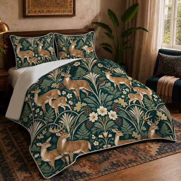 Art Deco Deer quilt set — tan deer families beneath cream fan motifs and arches with ferns and flowers on deep teal