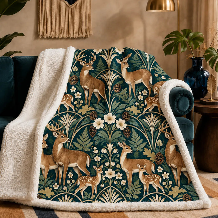 Art Deco Deer sherpa blanket — tan deer families beneath cream fan motifs and arches with ferns and flowers on deep teal