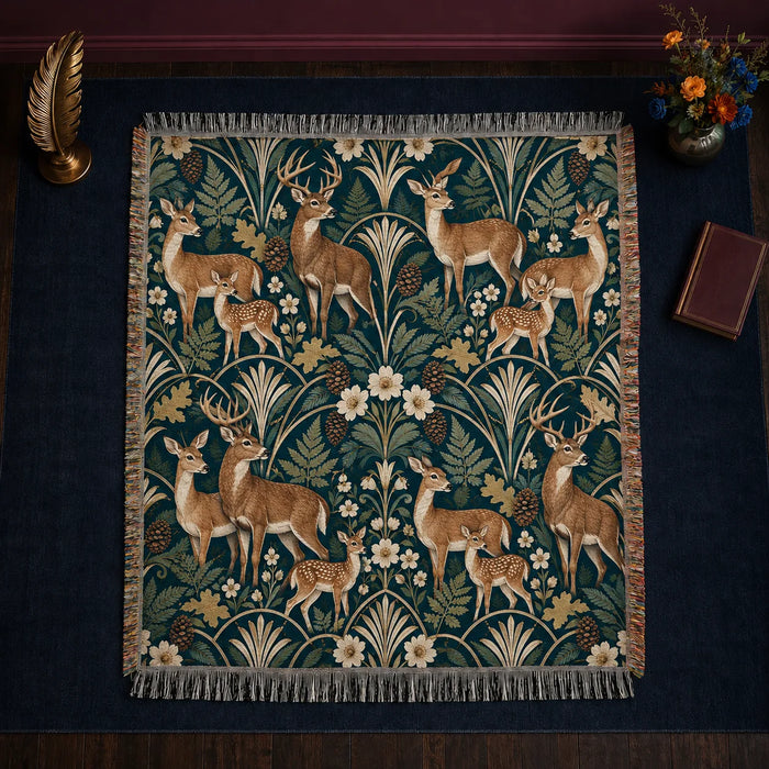 Art Deco Deer woven throw blanket — tan deer families beneath cream fan motifs and arches with ferns and flowers on deep teal
