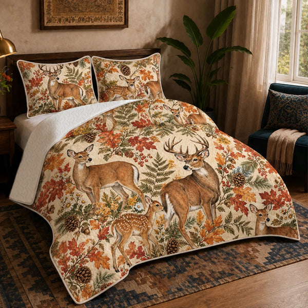 Autumn Copper Deer quilt set — deer and fawns among rust maple leaves, goldenrod, ferns and pinecones on cream
