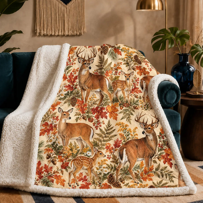 Autumn Copper Deer sherpa blanket — deer and fawns among rust maple leaves, goldenrod, ferns and pinecones on cream