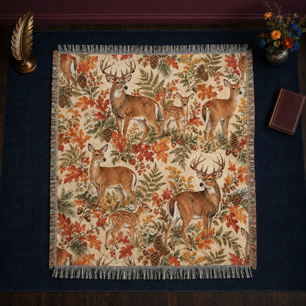 Autumn Copper Deer woven throw blanket — deer and fawns among rust maple leaves, goldenrod, ferns and pinecones on cream