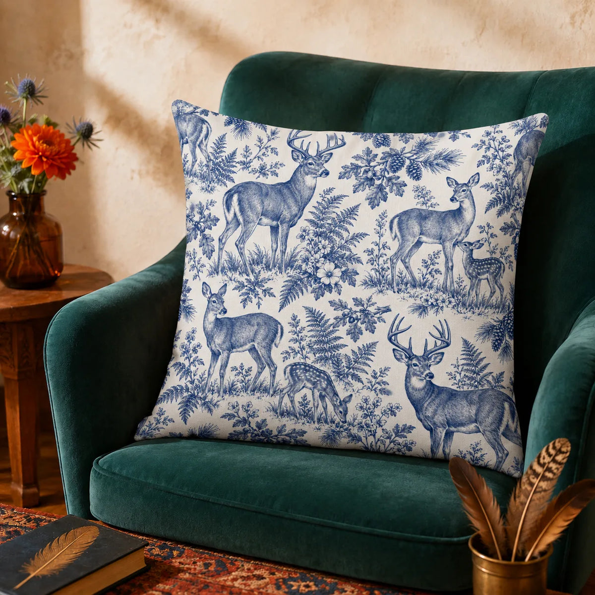 Blue Toile Deer cushion cover set — cobalt blue toile deer and grazing fawns among ferns and pine boughs on cream