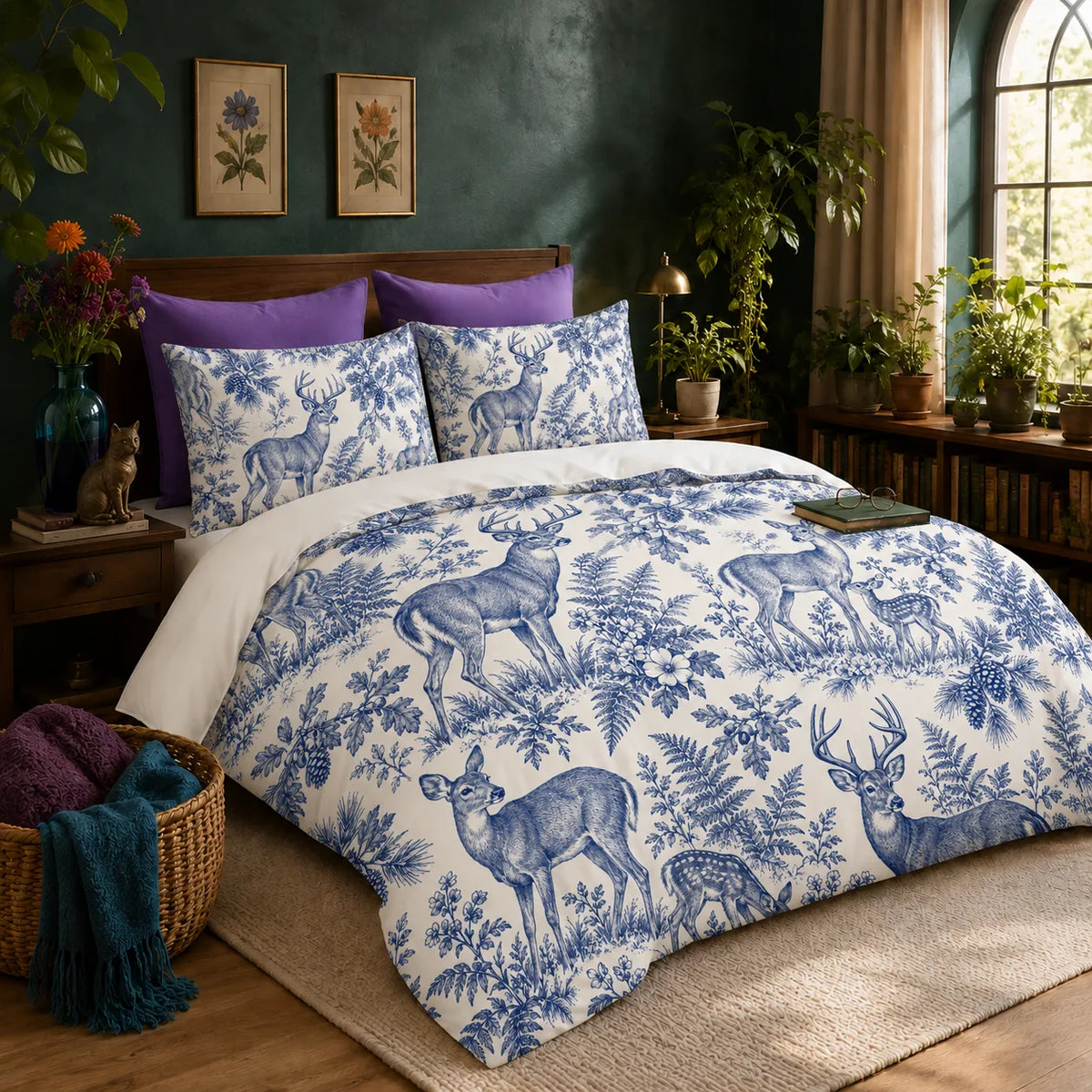 Blue Toile Deer duvet cover set — cobalt blue toile deer and grazing fawns among ferns and pine boughs on cream