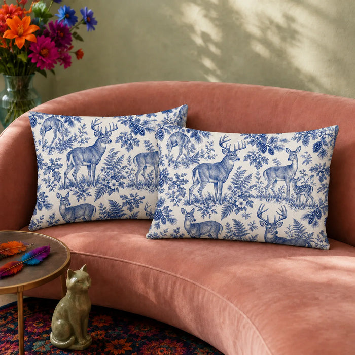 Blue Toile Deer pillowcase set — cobalt blue toile deer and grazing fawns among ferns and pine boughs on cream