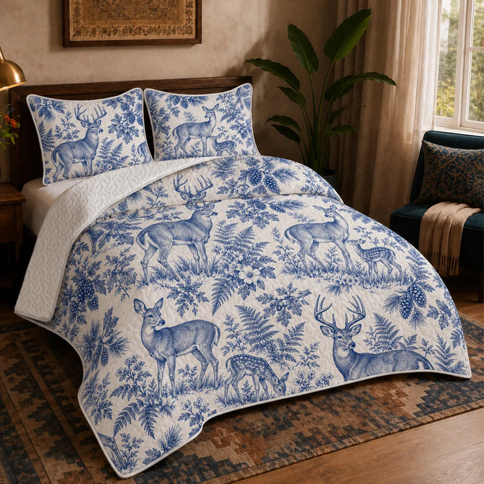 Blue Toile Deer quilt set — cobalt blue toile deer and grazing fawns among ferns and pine boughs on cream