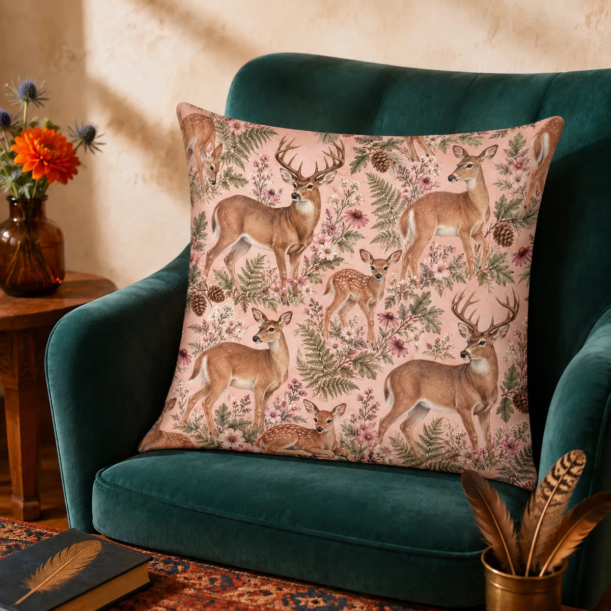 Blush Meadow Deer cushion cover set — lifelike deer and a resting fawn among pink wildflowers and sage ferns on blush