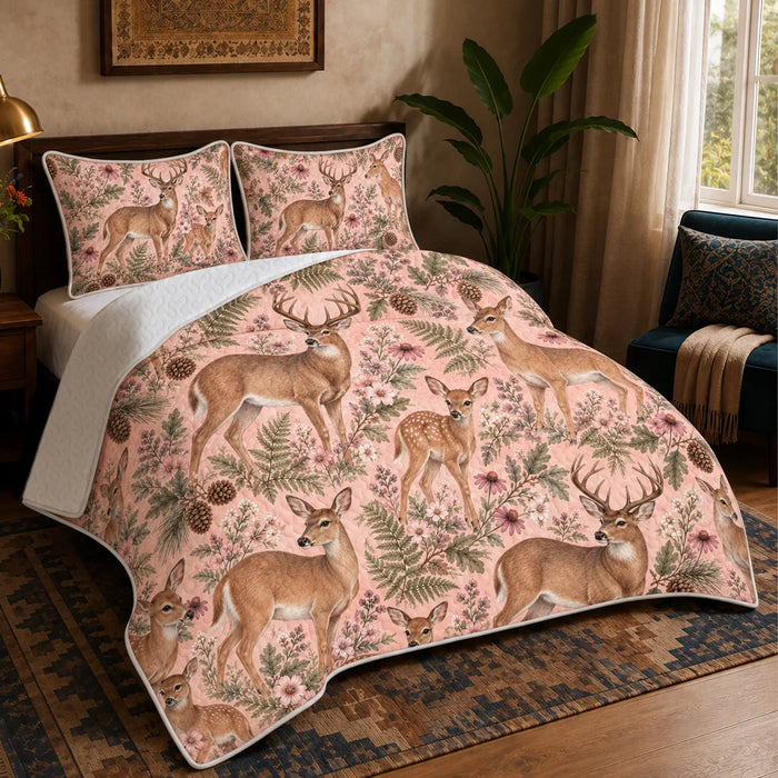 Blush Meadow Deer quilt set — lifelike deer and a resting fawn among pink wildflowers and sage ferns on blush