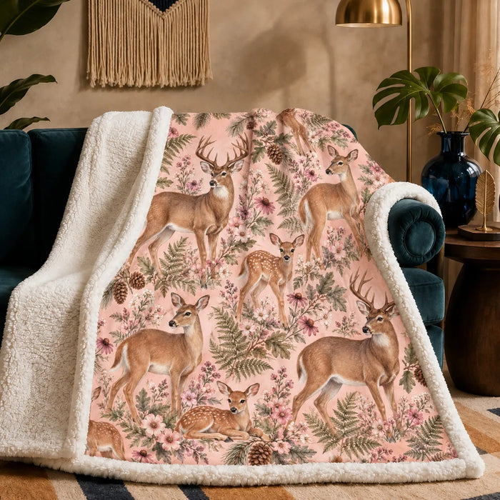 Blush Meadow Deer sherpa blanket — lifelike deer and a resting fawn among pink wildflowers and sage ferns on blush