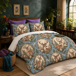 Botanical Medallions Deer duvet cover set — deer and fawns in cream ovals framed by leaves, pink blossoms and pinecones on blue