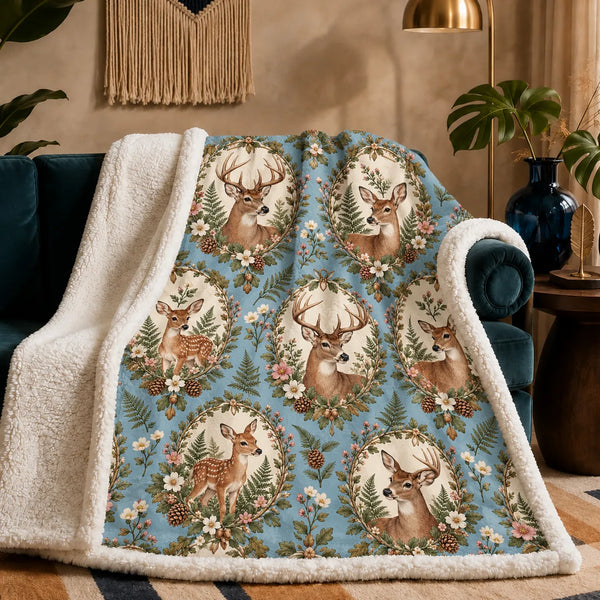 Botanical Medallions Deer sherpa blanket — deer and fawns in cream ovals framed by leaves, pink blossoms and pinecones on blue
