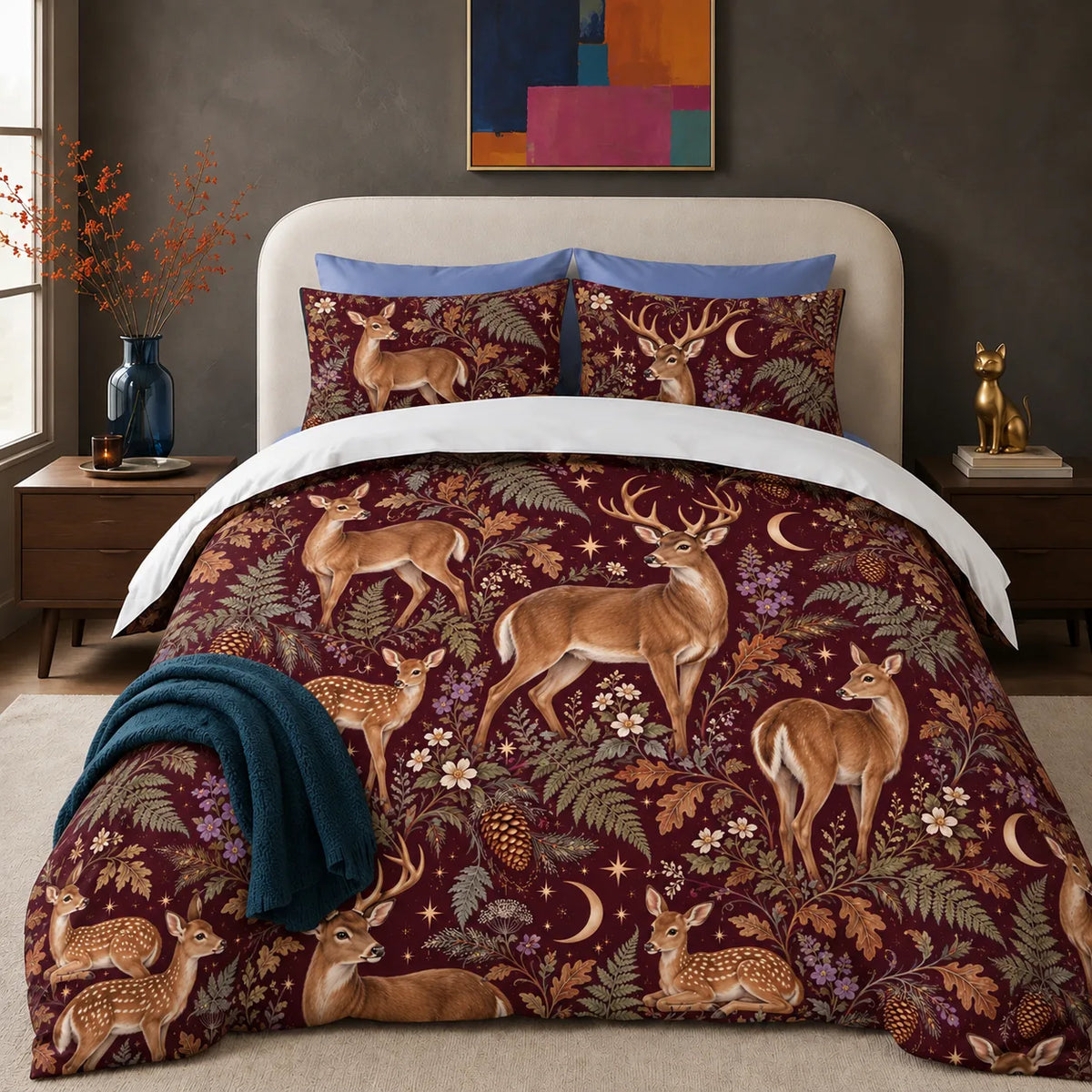 Burgundy Night Deer comforter set — tan deer and resting fawns among ferns, oak leaves and gold crescent moons on burgundy