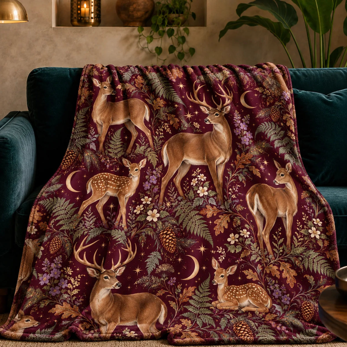 Burgundy Night Deer fleece throw blanket — tan deer and resting fawns among ferns, oak leaves and gold crescent moons on burgundy