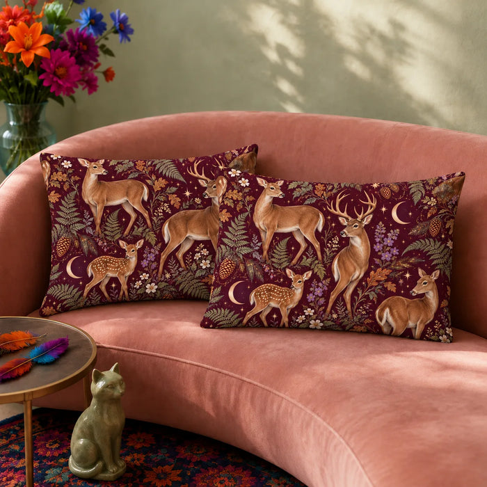 Burgundy Night Deer pillowcase set — tan deer and resting fawns among ferns, oak leaves and gold crescent moons on burgundy