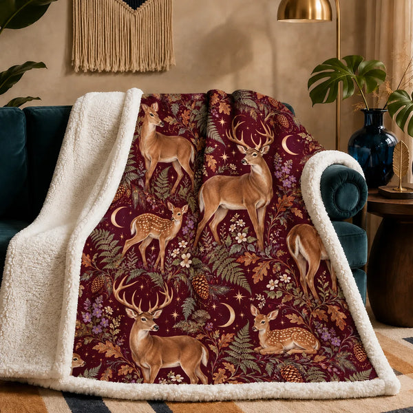 Burgundy Night Deer sherpa blanket — tan deer and resting fawns among ferns, oak leaves and gold crescent moons on burgundy
