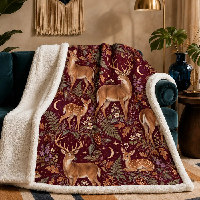 Burgundy Night Deer sherpa blanket — tan deer and resting fawns among ferns, oak leaves and gold crescent moons on burgundy