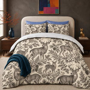 Charcoal Engraving Deer comforter set — charcoal engraved deer and fawns among ferns, oak leaves and pinecones on cream