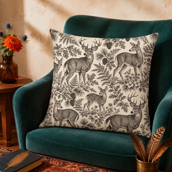 Charcoal Engraving Deer cushion cover set — charcoal engraved deer and fawns among ferns, oak leaves and pinecones on cream