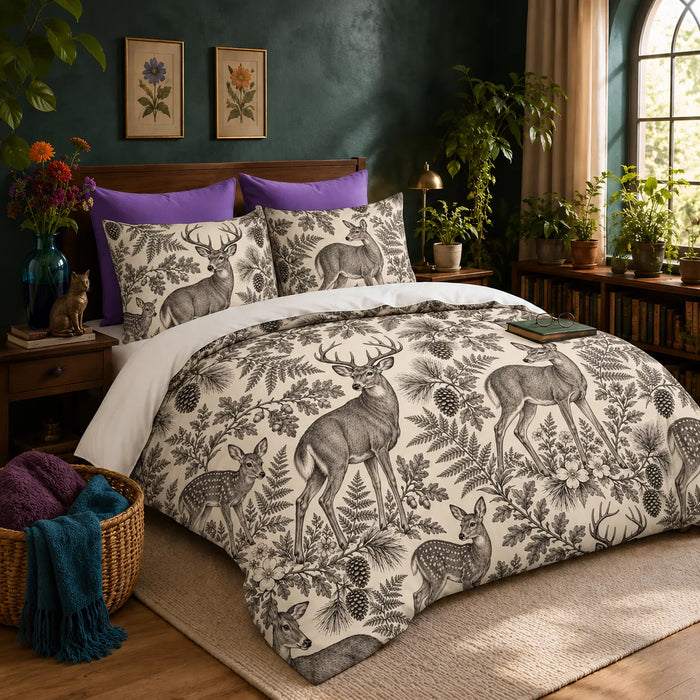 Charcoal Engraving Deer duvet cover set — charcoal engraved deer and fawns among ferns, oak leaves and pinecones on cream
