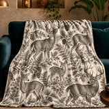 Charcoal Engraving Deer Fleece Throw Blanket