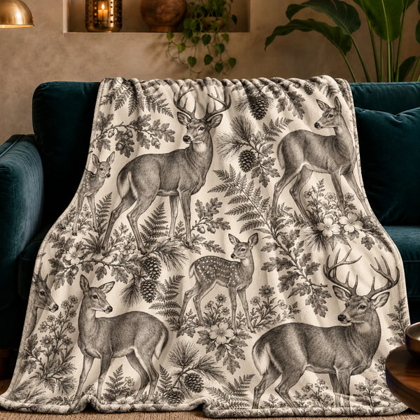 Charcoal Engraving Deer fleece throw blanket — charcoal engraved deer and fawns among ferns, oak leaves and pinecones on cream