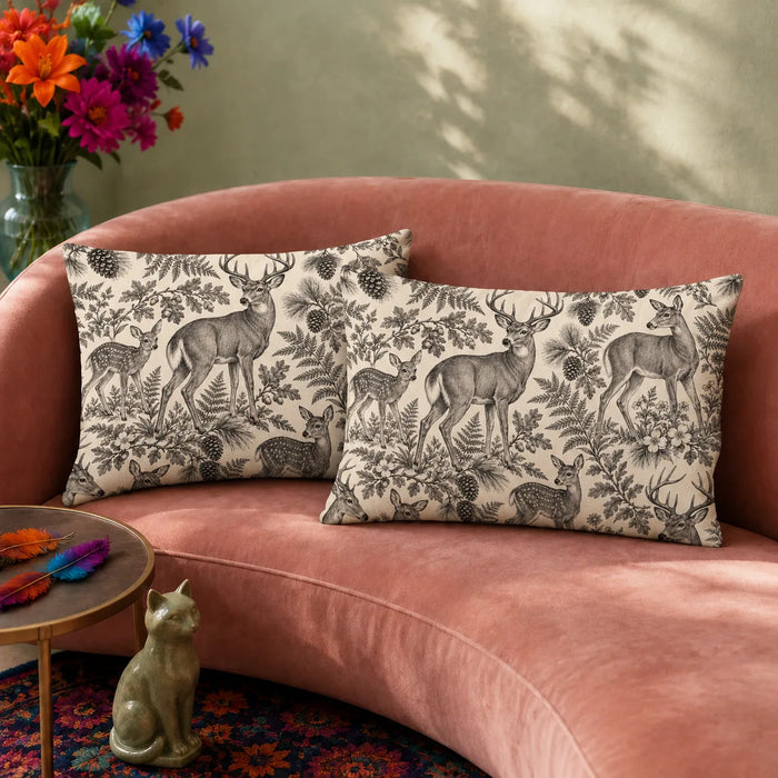 Charcoal Engraving Deer pillowcase set — charcoal engraved deer and fawns among ferns, oak leaves and pinecones on cream