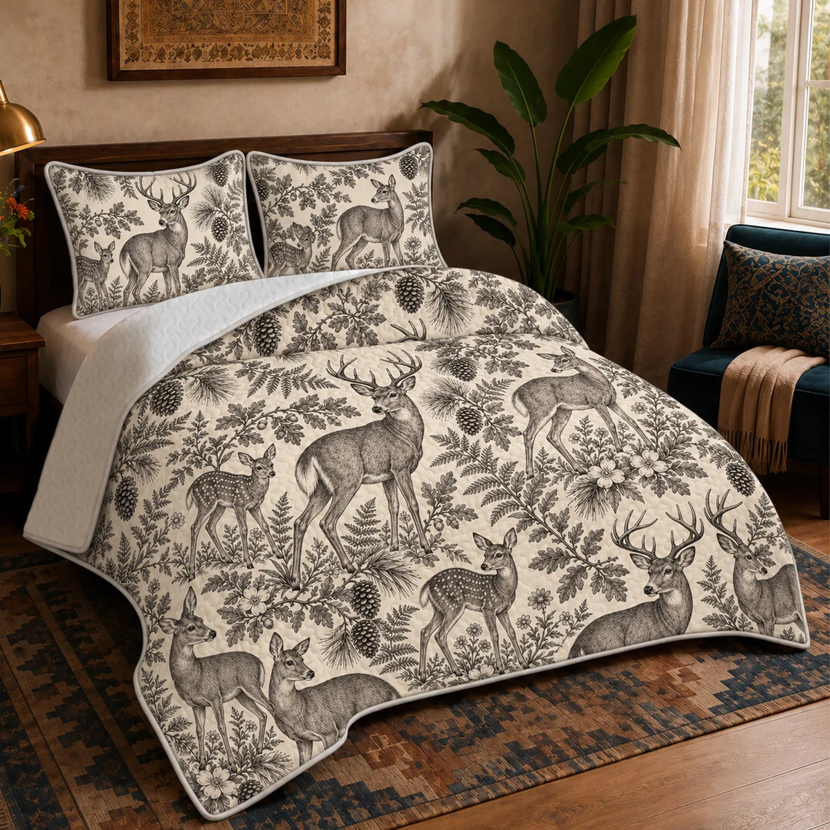 Charcoal Engraving Deer quilt set — charcoal engraved deer and fawns among ferns, oak leaves and pinecones on cream