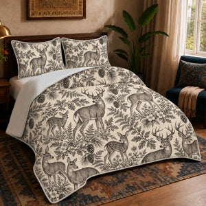 Charcoal Engraving Deer quilt set — charcoal engraved deer and fawns among ferns, oak leaves and pinecones on cream