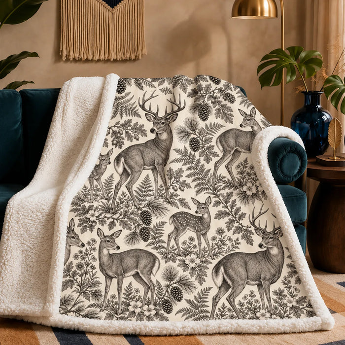 Charcoal Engraving Deer sherpa blanket — charcoal engraved deer and fawns among ferns, oak leaves and pinecones on cream
