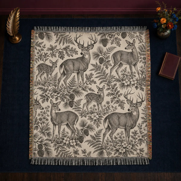 Charcoal Engraving Deer woven throw blanket — charcoal engraved deer and fawns among ferns, oak leaves and pinecones on cream