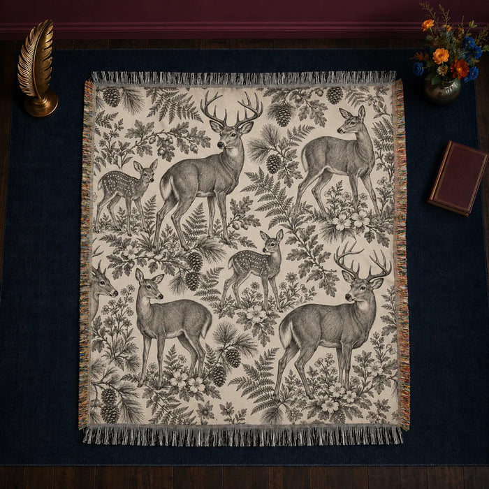 Charcoal Engraving Deer woven throw blanket — charcoal engraved deer and fawns among ferns, oak leaves and pinecones on cream