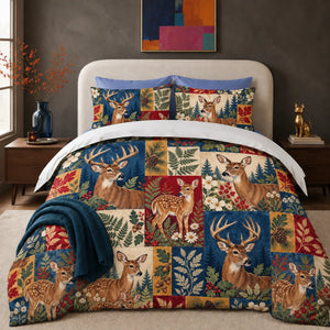 Heirloom Patchwork Deer comforter set — deer and fawns in navy, red, mustard and cream patchwork blocks with ferns and pinecones
