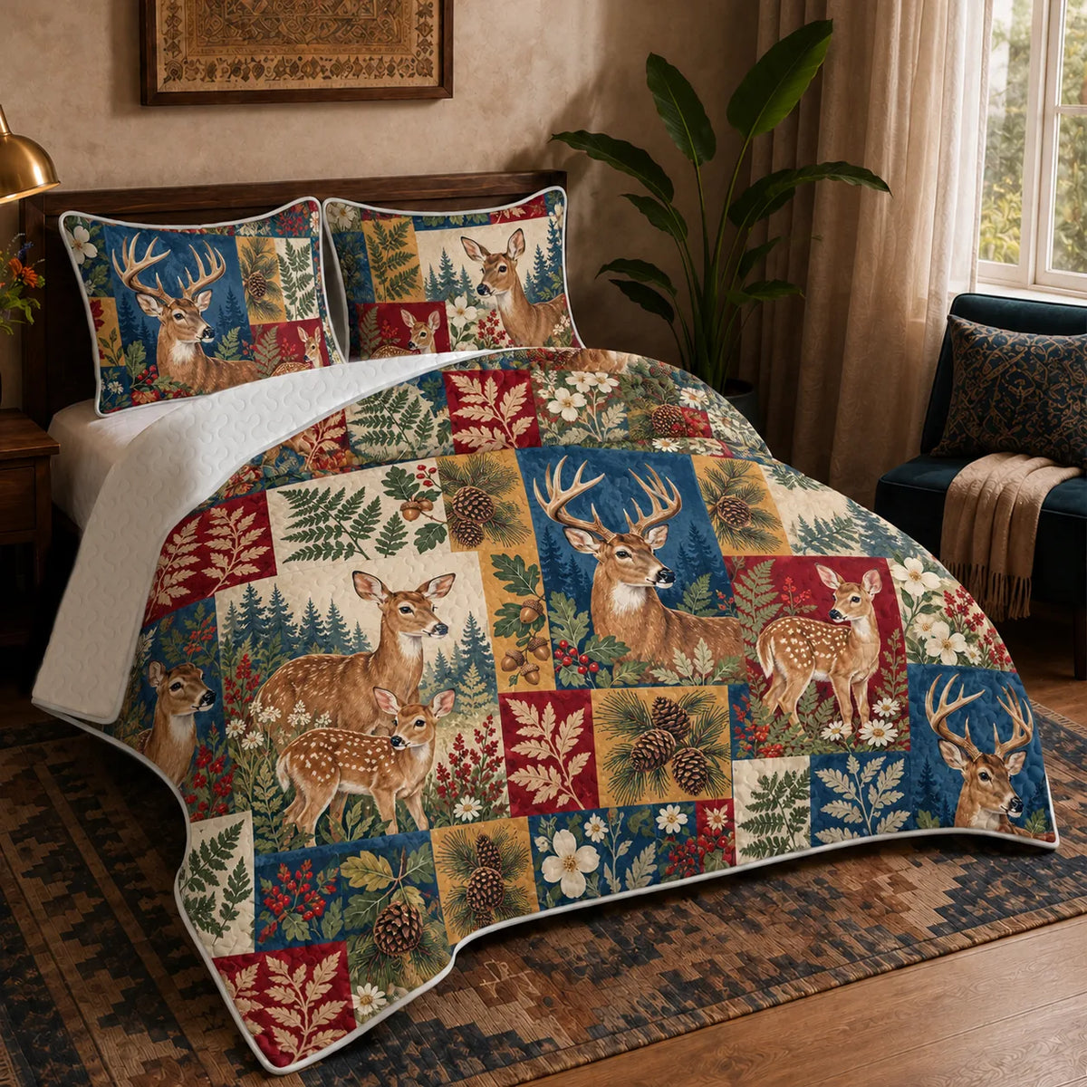 Heirloom Patchwork Deer quilt set — deer and fawns in navy, red, mustard and cream patchwork blocks with ferns and pinecones